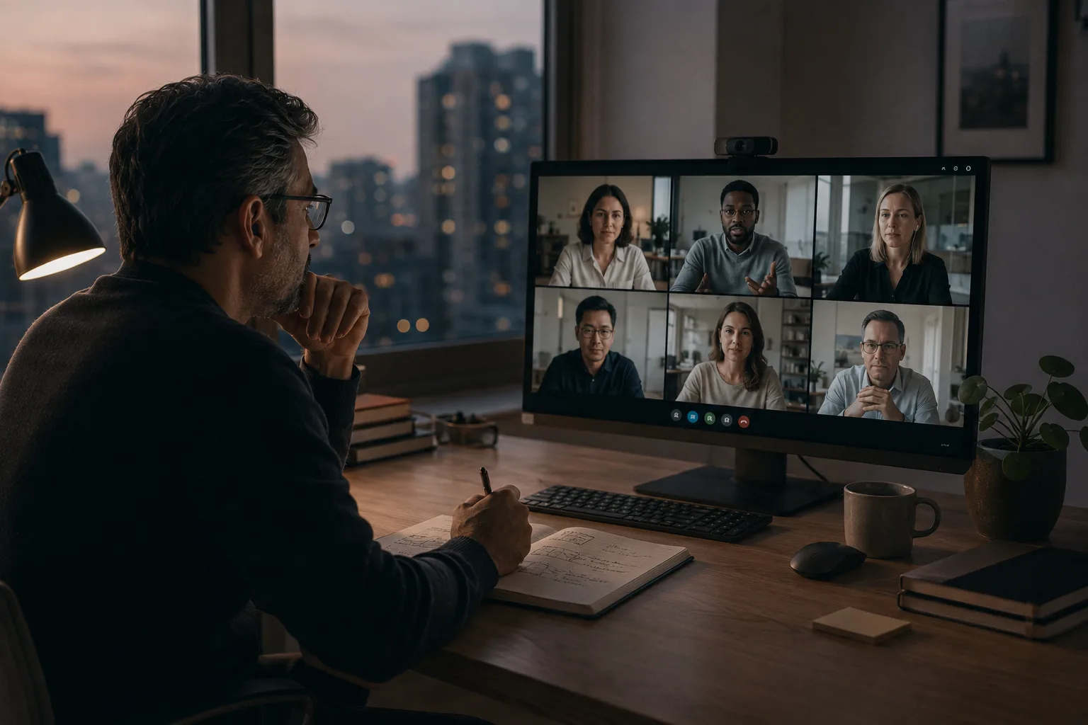 Professional collaborating with a distributed team by video across locations