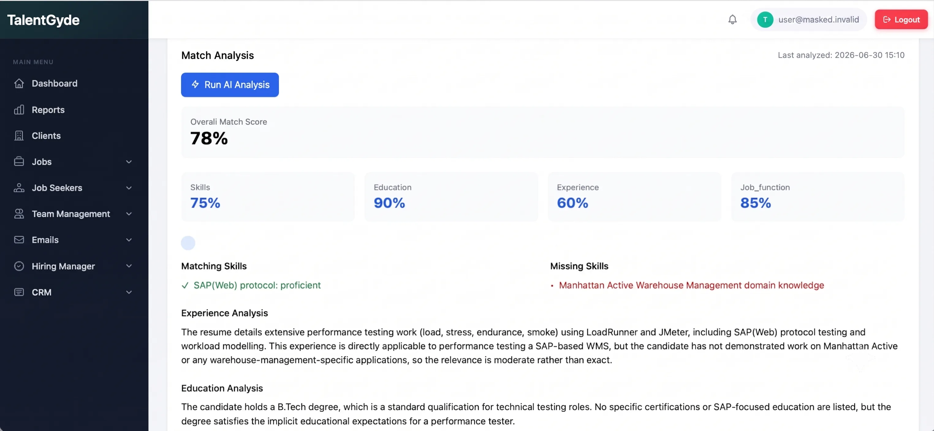 TalentGyde Match Analysis showing candidate-job match intelligence